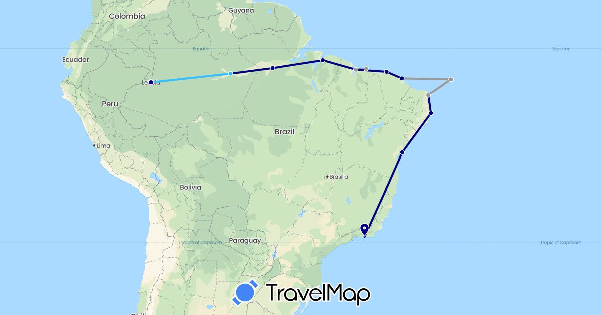 TravelMap itinerary: driving, plane, boat in Brazil, Colombia (South America)